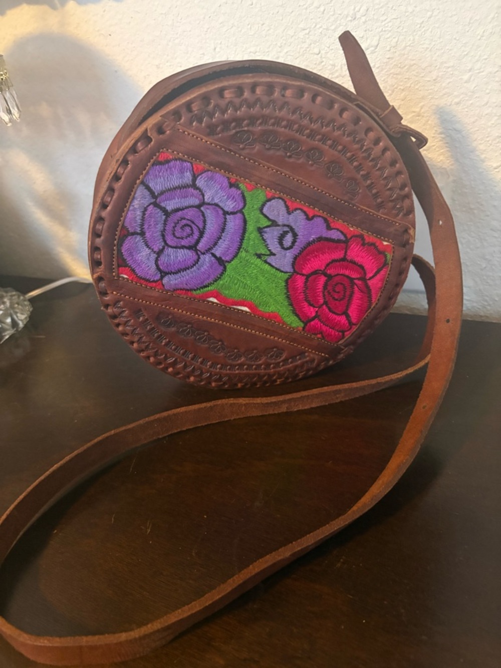 Handcrafted Brown Leather Round Crossbody Bag with Floral Embroidery